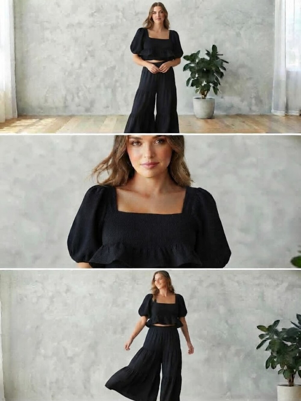Forever 21 Black Square Neck Puff Sleeve Peplum Blouse